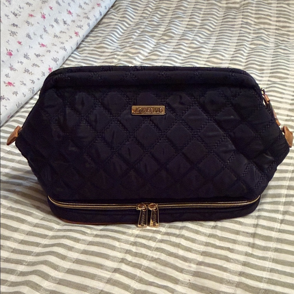 Joan & David Black Quilted Cosmetic Case with Gold Hardware